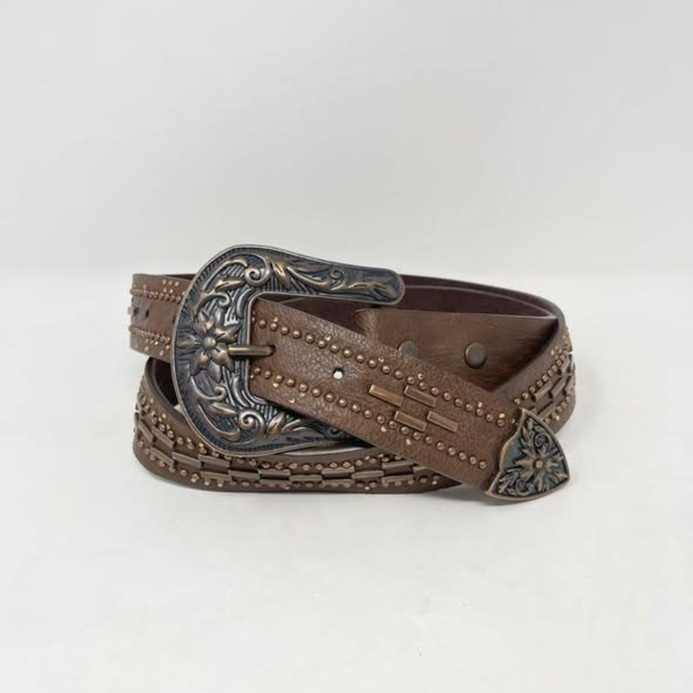 Cowgirl Tuff Western Belt Womens 2X Brown Leather Metal Studs Copper Buckle